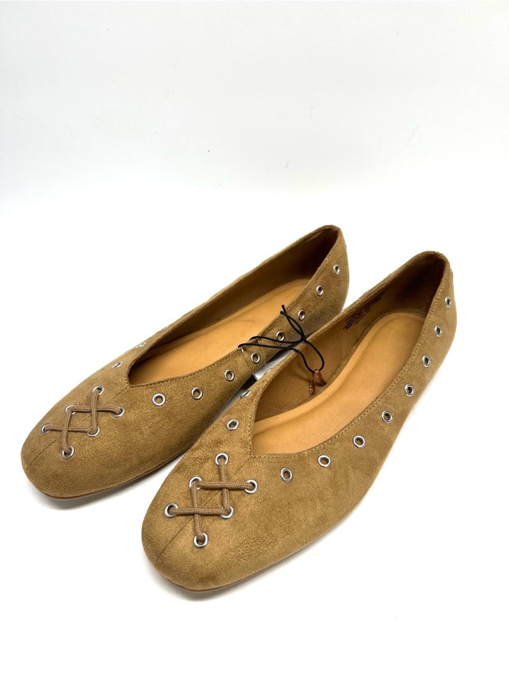 Women’s Tan Suede Ballet Flats with Eyelet Detail